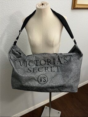 Victoria’s Secret Silver Glitter Weekender Duffel Tote Bag Strap and Handles